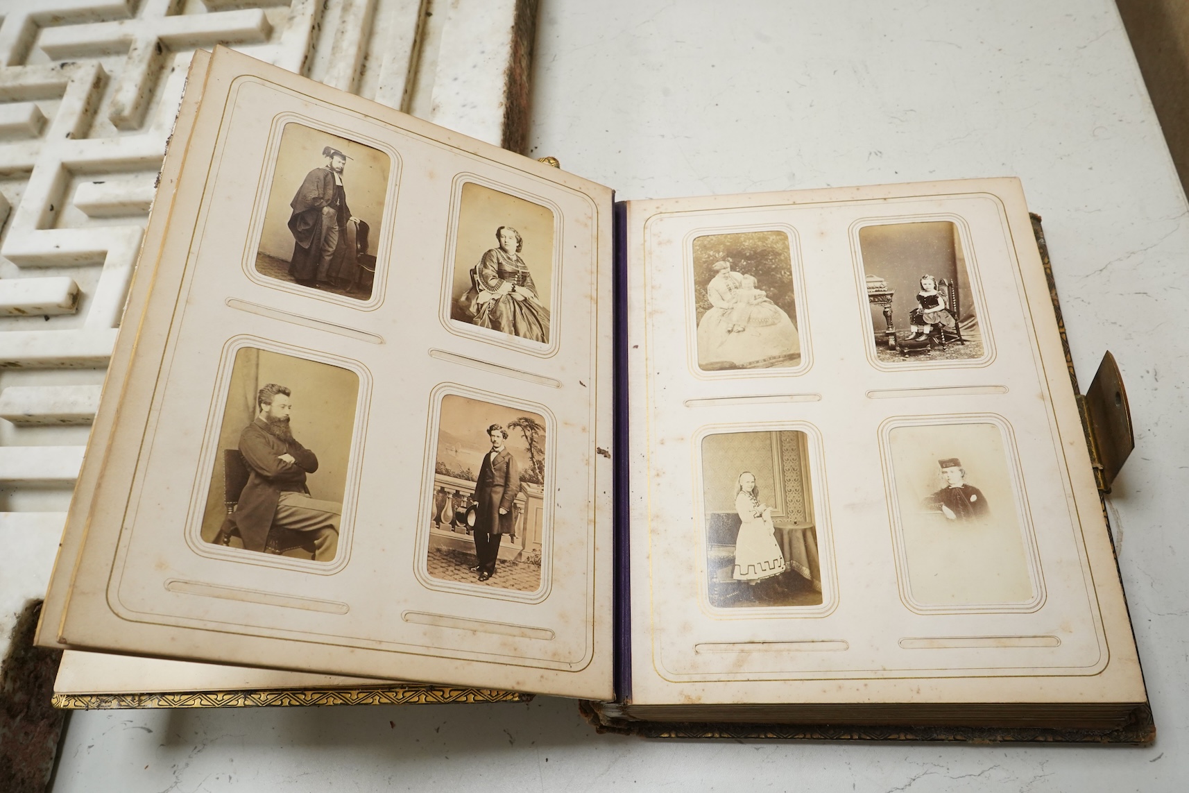 A Victorian malachite mounted amboyna family photograph album, 23cm x 30cm